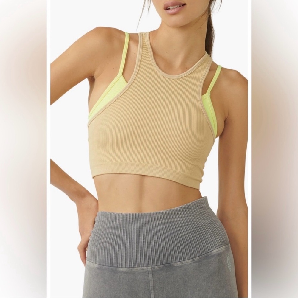 FP Movement by Free People Beige Ribbed Crop Tank Latte/Lemon Verbena